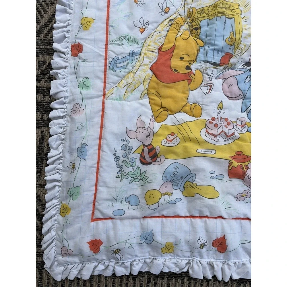 Vintage Winnie the Pooh Party Reversible Quilted Ruffle Trim Bed Crib Comforter